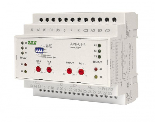 Устройство управления резервным питанием AVR-01-K (2 ввода; 1 нагрузка 35мм 3х400В+N 2х16А 2P IP20 монтаж на DIN-рейке) F&F EA04.006.001 в Максэлектро