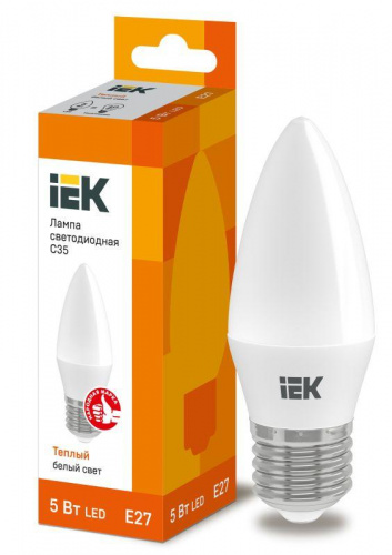Лампа светодиодная Eco C35 5Вт свеча 3000К тепл. бел. E27 450лм 230-240В IEK LLE-C35-5-230-30-E27 в Максэлектро