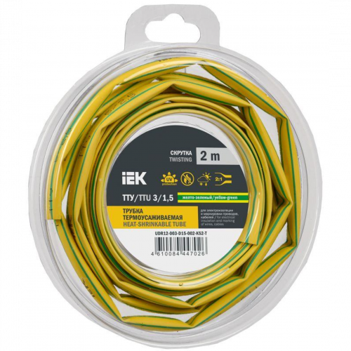 Трубка термоусадочная ТТУ нг-LS 3/1.5 желт./зел. (уп.2м) IEK UDR12-003-D15-002-K52-T в Максэлектро