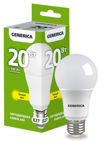 Лампа светодиодная A60 20Вт грушевидная 3000К E27 230В GENERICA LL-A60-20-230-30-E27-G в Максэлектро