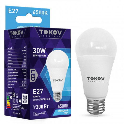 Лампа светодиодная 30Вт А70 6500К Е27 176-264В TOKOV ELECTRIC TKE-A70-E27-30-6.5K в Максэлектро