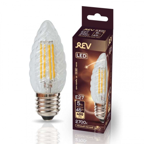 Лампа светодиодная филаментная PREMIUM (FILAMENT) 5Вт TC37 свеча витая 2700К тепл. E27 480лм REV 32426 3 в Максэлектро