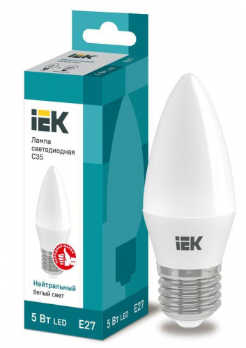 Лампа светодиодная Eco 5Вт C35 свеча 4000К нейтр. бел. E27 450лм 230-240В IEK LLE-C35-5-230-40-E27 в Максэлектро