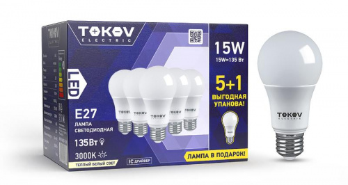 Набор ПРОМО лампа светодиодная 15Вт А60 3000К Е27 176-264В (Promo 5+1 шт) TOKOV ELECTRIC Promo-A60-E27-15-3K в Максэлектро