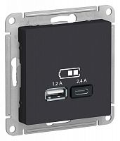 Розетка USB AtlasDesign тип A+C 5В/2.4А 2х5В/1.2А механизм карбон SE ATN001039 в Максэлектро