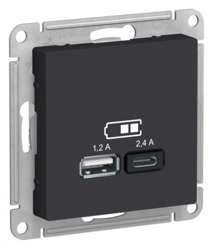 Розетка USB AtlasDesign тип A+C 5В/2.4А 2х5В/1.2А механизм карбон SE ATN001039 в Максэлектро