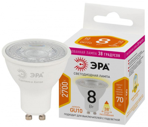 Лампа светодиодная STD LED Lense MR16-8W-827-GU10 GU10 8Вт линзованная софит тепл. бел. свет Эра Б0054941 в Максэлектро