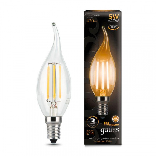 Лампа светодиодная филаментная Black Filament 5Вт свеча на ветру 2700К тепл. бел. E14 420лм GAUSS 104801105 в Максэлектро