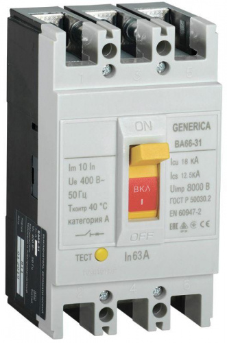 Выключатель автоматический 3п 63А 18кА ВА66-31 GENERICA SAV10-3-0063-G в Максэлектро