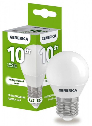 Лампа светодиодная G45 10Вт шар 4000К E27 230В GENERICA LL-G45-10-230-40-E27-G в Максэлектро