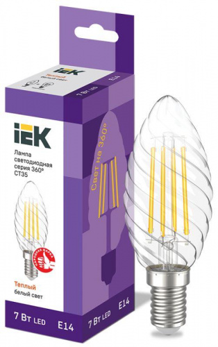 Лампа светодиодная филаментная 360° 7Вт CT35 свеча витая 3000К E14 230В IEK LLF-CT35-7-230-30-E14-CL в Максэлектро