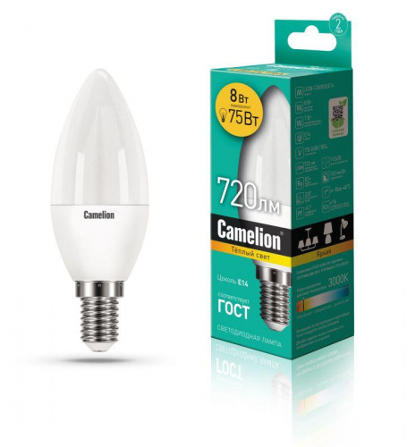 Лампа светодиодная LED8-C35/830/E14 8Вт свеча 3000К тепл. бел. E14 720лм 170-265В Camelion 12385 в Максэлектро