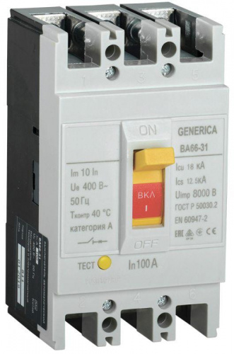 Выключатель автоматический 3п 100А 18кА ВА66-31 GENERICA SAV10-3-0100-G в Максэлектро